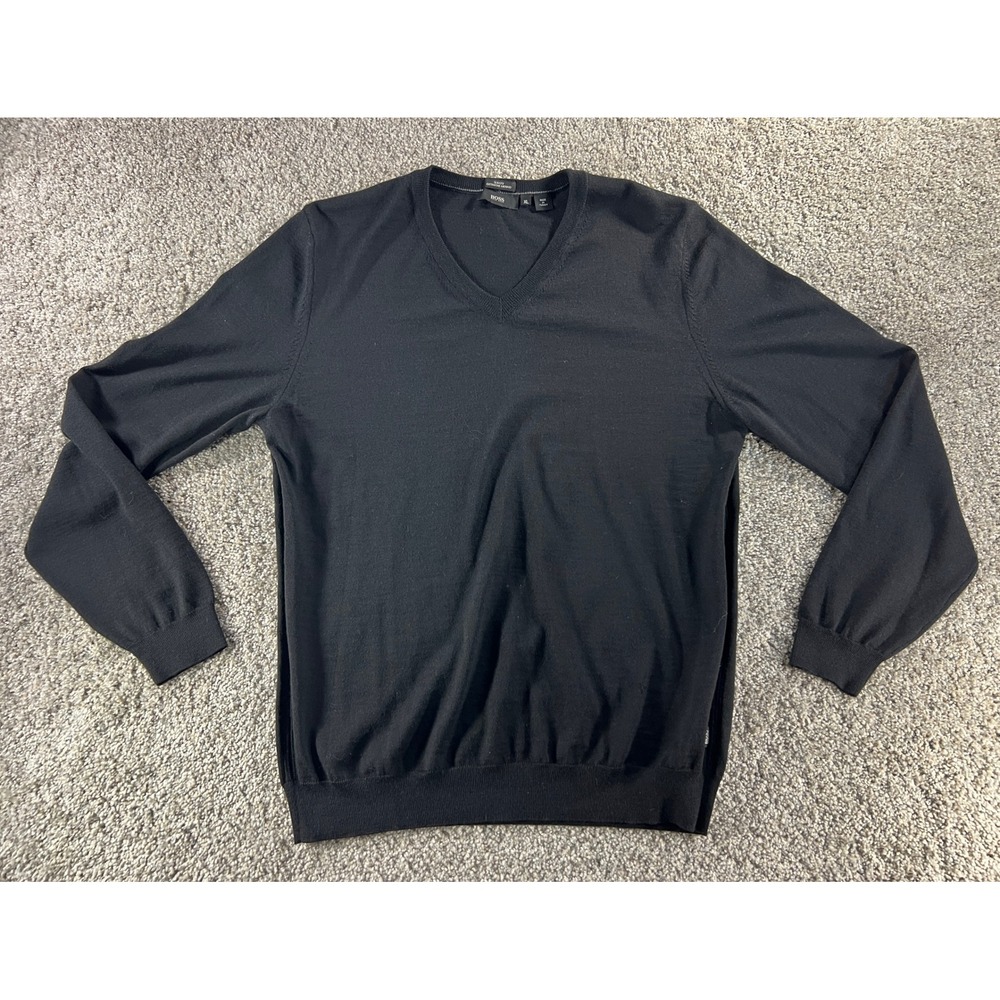 Hugo Boss Mens XL Black Extrafine Merino Wool V-Neck Slim Fit Sweater